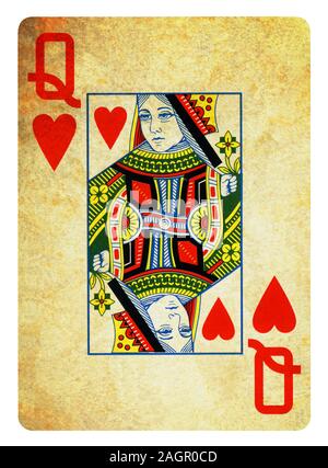 Königin der Herzen Vintage Playing Card isoliert auf weißem (clipping path enthalten) Stockfoto