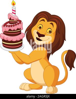 Cartoon lion Holding Geburtstagstorte Stock Vektor