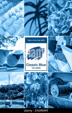 Collage aus 8 Bildern mit Classic blau Farbe des Jahres 2020 Stockfoto