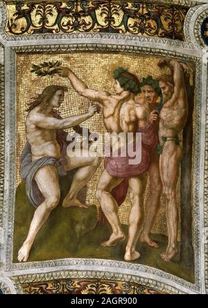 Marsyas und Apoll. (Deckenfresko in der Stanza della Segnatura). Museum: private Sammlung. Autor: Raphael (Raffaello Sanzio da Urbino). Stockfoto