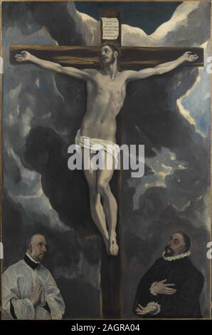 Christus am Kreuz durch zwei Spender verehrt. Museum: Musée du Louvre, Paris. Autor: EL GRECO. Stockfoto