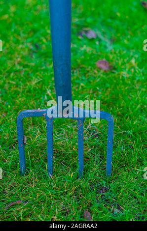 Blau Heugabel in den Boden stecken beim Vorbereiten der Gartenboden. Im Vordergrund Regenwurm aus Kompost, Zeichen von Qualität Mutterboden ohne chemische Stockfoto