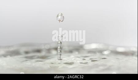 Wassertropfen, die auf weißem Hintergrund plätschern Stockfoto