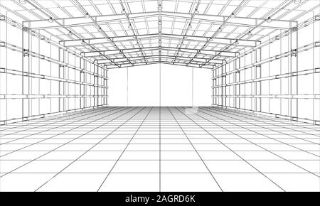 Zeichnung oder Skizze einer großen Lagerhalle. Vektor aus 3D-Rendering Stock Vektor