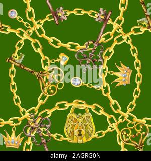 Nahtlose Muster von Aquarell dolden Ketten, Schloss und Schlüssel Stockfoto