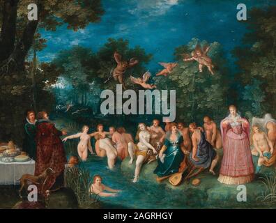 Diana und ihre nymphen Baden, mit einer Hirschjagd im Hintergrund. Museum: private Sammlung. Autor: Frans Francken, der Jüngere. Stockfoto