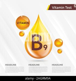 Vitamin B9 symbol Sammlung, Cholecalciferol. Goldene tropfen Vitamin Komplex tropfen. Medizinische für Heide Vector Illustration Stock Vektor