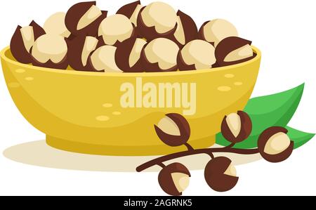 Vector Illustration einer tiefen Teller mit einer Folie von macadamia. Muttern. Stock Vektor