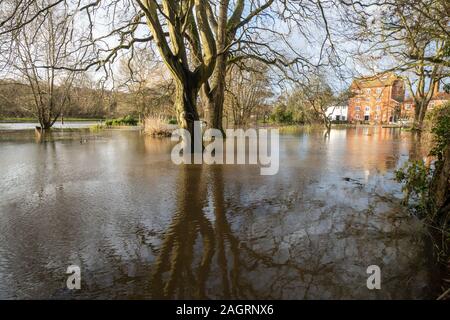 Elstead in der Nähe von Guildford, Surrey, Großbritannien. Dezember 2019. Der Fluss Wey hat seine Ufer in der Stadt Elstead geplatzt und zu lokalen Überschwemmungen geführt. Die beliebte Kneipe am Flussufer, die Mühle bei Elstead, ist stark betroffen, der Parkplatz steht komplett unter Wasser. Stockfoto