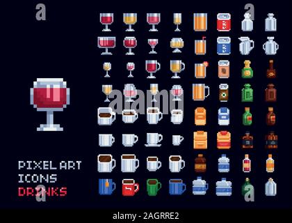 Vektor Pixel Art Illustration - heiße, kalte und alkoholische Getränke Set Kaffee, Tee, Wein, Whiskey 8 Bit-Symbole. Stock Vektor