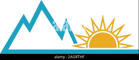 Sommer Sonne und Berge. Abenteuer Logo Design Stock Vektor