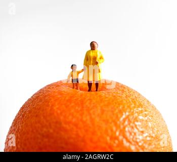 Minifigürchen Mama, Mütter, Kinder, Kinder, die auf einem orange Satsuma vor einem weißen Hintergrund Stockfoto