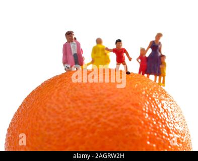 Minifigürchen Mama, Mütter, Kinder, Kinder, die auf einem orange Satsuma vor einem weißen Hintergrund Stockfoto