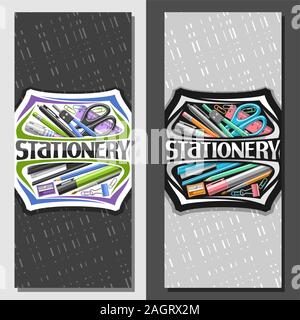 Vektor Layouts für Büromaterial, kreative Namensschild mit verschiedenen bunten Schule Zubehör für Lernen, Broschüre mit dekorativen Lett Stock Vektor