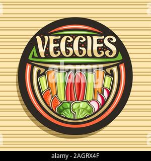 Vektor logo für Veggies, dunklen Tag mit der Abbildung von rohem Gemüse Gruppe in einer Reihe, dekorative Schriftart für Word veggies, Design signage für Landwirtschaft Stock Vektor