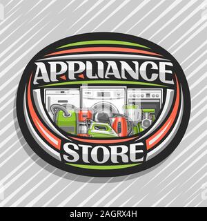 Vektor logo für Gerät, schwarz Schild mit Abbildung verschiedener Rote und Grüne moderne Haushaltsgeräte, dekorative Schriftart für Worte appli Stock Vektor