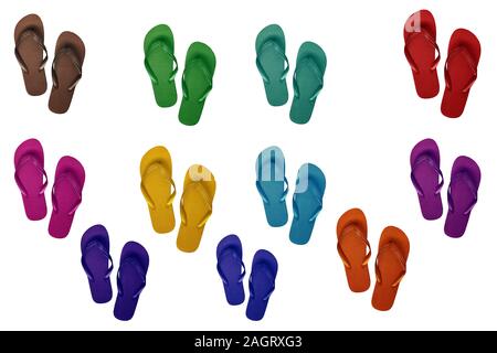 Viele bunte Flip-Flops auf weißem Hintergrund. Stockfoto