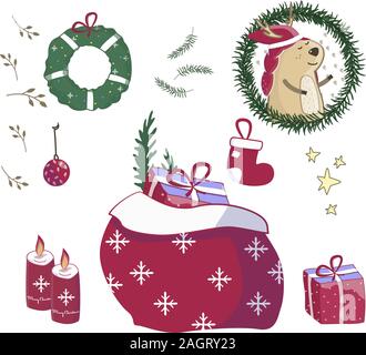 Santa Claus Geschenke in der Tasche. Weihnachtsgeschenke Sack, Haufen Süßigkeiten Geschenk Preis sackful und Spaß überrascht Xmas mit cartoon Schleife vorhanden, Begrüßung Stock Vektor