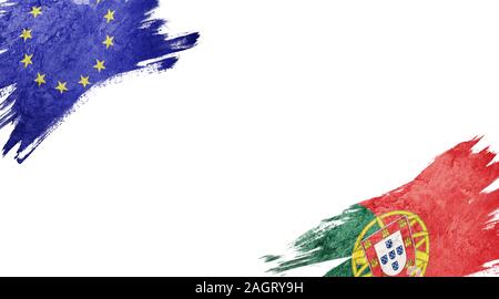 Flaggen der Europäischen Union und Portugal auf weißem Hintergrund Stockfoto