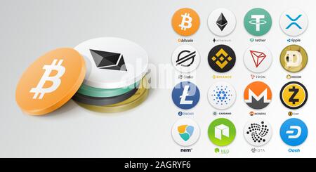 Satz von oben cryptocurrency Tokens. Vector Illustration Stock Vektor