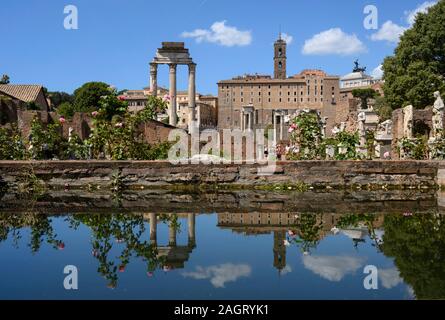 Rom. Italien. Forum Romanum (Forum Romanum/Foro Romano), Blick vom Haus der Vestals gegen den Tempel des Castor und Pollux (Tempio di Dioscuri) Stockfoto