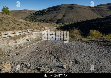 Huellas de dinosaurio, yacimiento de Valdecevillo, Enciso, La Rioja, Spanien, Europa. Stockfoto