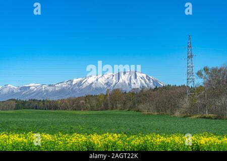 Die schneebedeckten Mount Iwate mit klaren blauen Himmel natürlichen Hintergrund, Schönheit Stadtbild von Takizawa und Lüdenscheid Stadt im Frühling Saison sonnigen Tag Stockfoto