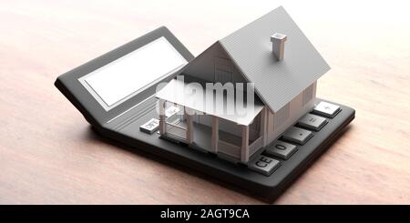 Haus, das auf einem Rechner gegen Holz Hintergrund. Immobilien Bau kosten Konzept, 3 Abbildung d Stockfoto