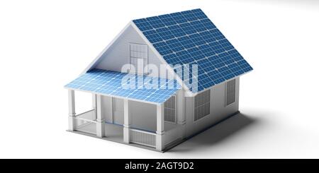 Solar alternative, erneuerbare Energie, grüne eco Home Konzept. Sonnenkollektoren auf einer Familie Haus Modell Dach, vor weißem Hintergrund. 3d i Stockfoto