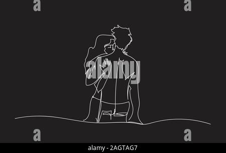 Liebevolle junge Paar umarmen - durchgehende Linie zeichnen. Hand Vector Illustration gezeichnet. Stock Vektor