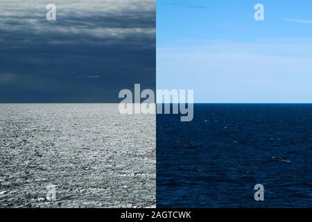 Das Bild von einer Fähre zwischen Schweden und Finnland. Der Kontrast zwischen Himmel und Wasser. Die Collage aus zwei Situationen. Stockfoto