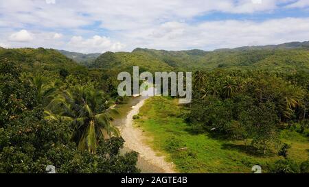 Berge und Hügel sind mit immergrünen Wald bedeckt. Wunderschöne Landschaft in den Philippinen. Ein Fluss in den Bergen auf der Insel Leyte, Philippinen. Stockfoto