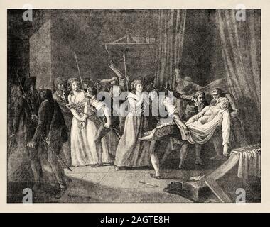 Festnahme von Charlotte Corday (1768-1793) eine Abbildung der Französischen Revolution. Geschichte Frankreichs, alte eingravierten Abbildung Bild aus dem Buch Histoire co Stockfoto