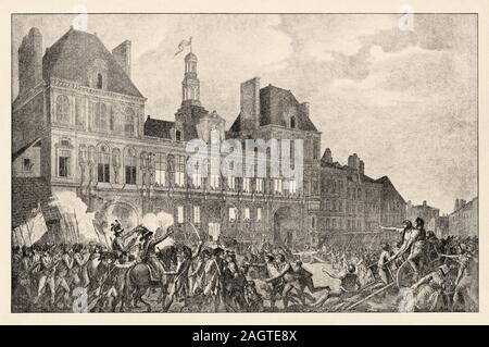 Robespierre, Saint-Just, Couthon und Hanriot Zuflucht in der Hotel-de-Ville in Paris, 9 Thermidor Jahr II. Französische Revolution des 18. Jahrhunderts. Histor Stockfoto
