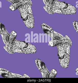 Eule fliegen, Hand gezeichnet Doodle, Skizze im Pop Art Stil, nahtlose Muster auf lila Hintergrund Stockfoto