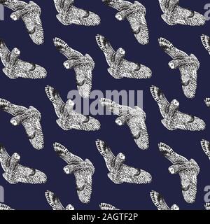 Eule fliegen, Hand gezeichnet Doodle, Skizze im Pop Art Stil, nahtlose Muster auf dunkelblauem Hintergrund Stockfoto