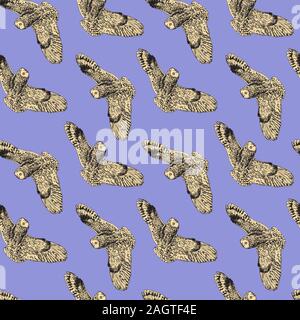 Eule fliegen, Hand gezeichnet Doodle, Skizze im Pop Art Stil, nahtlose Muster auf lila Hintergrund Stockfoto