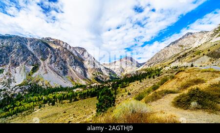 Der Tioga Pass mit einer Höhe von 3,031 m überquert die zerklüfteten Berge der Sierra Nevada am Eingang Ost zum Yosemite National Park, Kalifornien, USA Stockfoto