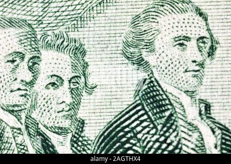 Erklärung der Unabhängigkeit - Close-up von Thomas Jefferson auf die Vereinigten Staaten zwei - Dollar Bill Stockfoto