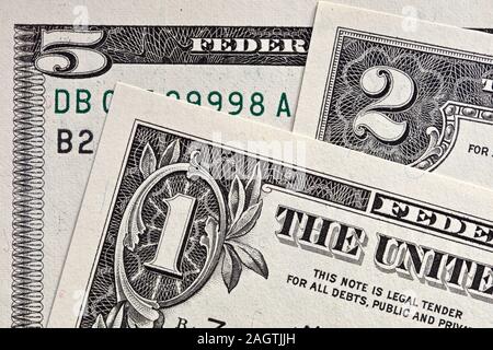 United States one-Dollar, 2-Dollar und 5-Dollarscheine Stockfoto