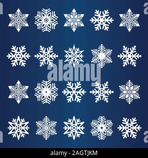 Winter Kollektion Schneeflocken-symbol Vektor Design, Winterurlaub Satz von Schneeflocke Logo Design. Weiße Schneeflocke Vektorbündel mit blauen Hintergrund. Stock Vektor