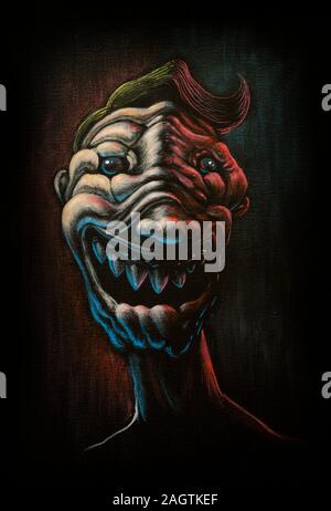 Fröhlich lächelnd Monster Boy Low Key portrait. Horror Acryl Malerei. Halloween Abbildung. Stockfoto