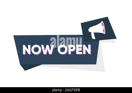 Jetzt öffnen Abzeichen, banner Vektor. Etikett mit jetzt Open Text und Megaphon. Vektor Stock Vektor