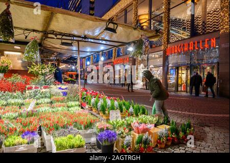 Schweden, Stockholm, 18. Dezember 2019: weihnachtliche Atmosphäre der Stadt. Weihnachten blumen Verkauf am Hötorget Square im Zentrum von Stockholm. Winter tra Stockfoto