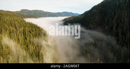 Antenne Panoramablick auf die wunderschöne Kanadische Berglandschaft über den Wolken an einem sonnigen Tag. An der Westküste von Vancouver Island befindet sich in der Nähe von Stockfoto