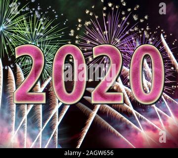 Frohes Neues Jahr 2020 feiern Hintergrund mit Feuerwerk Stockfoto