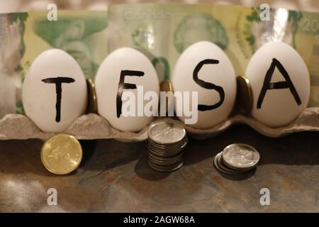 Das Wort TFSA auf Eier schrieb. TFSA steht für Steuerfreies Sparkonto Stockfoto