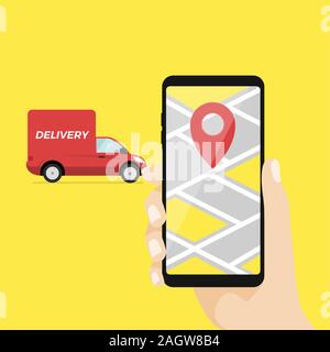 Hand, smart phone mit app Sendungsverfolgung. Vektor Stock Vektor