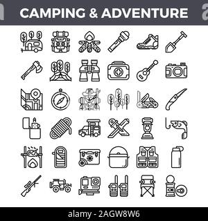 Camping und Outdoor-Abenteuer skizzieren Symbole. Pixel-Perfect-Symbol. Vektorgrafik Stock Vektor