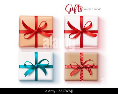 Geschenke vektor Objekt gesetzt. Geschenk für Weihnachten, Geburtstag und Jubiläum in der Ansicht von oben auf weißem Hintergrund. Stock Vektor